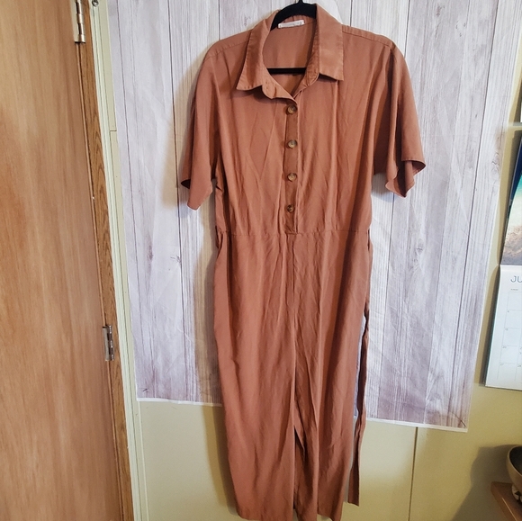 MING CASUAL JUMPSUIT. SZ MED. CLAY BROWN WIDE LEGS. VNECK - Picture 1 of 9